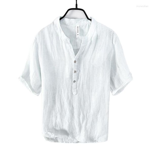 Herren-T-Shirts, Sommer-Leinen, kurzärmelig, lässig, Stehkragen, Pullover-Hemd, China-Chic, Vintage, dünn, atmungsaktiv, großer V-Ausschnitt