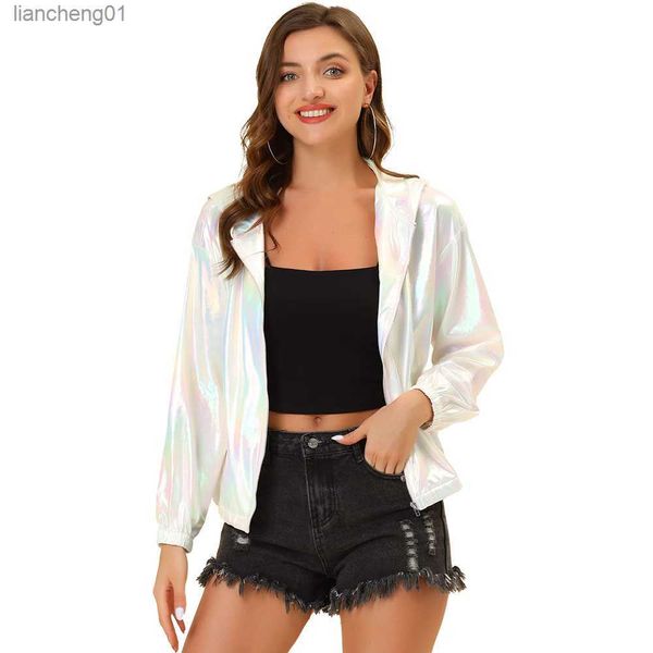 S-7XL Sexy Shiny Holographic Sexy Cappotto a maniche lunghe Laser Giacca con cappuccio da donna Top Party Club Varsity Jacket High Street Sport L230619