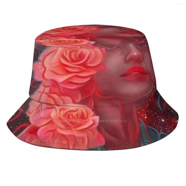 Berretti Flower Spell Pattern Design Cappelli da viaggio stampati Cappelli a secchiello Rose rosse Arancio Rosa Uccello Bella ragazza Stelle magiche dello spazio