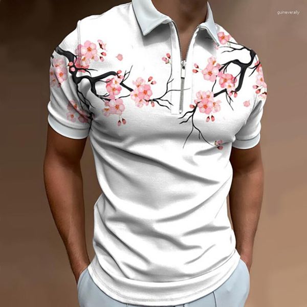 Camisetas masculinas 2023 verão independente camiseta polo com zíper característica flor estampada digital