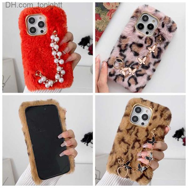 Capas de telefone celular Diamond Pearl Phone Cases para iPhone 14 Pro Max 13 12 11 XR XS X 8 7 Plus Soft TPU Moda Fluffy Butterfly Wrist Chian Pulseira Z230728