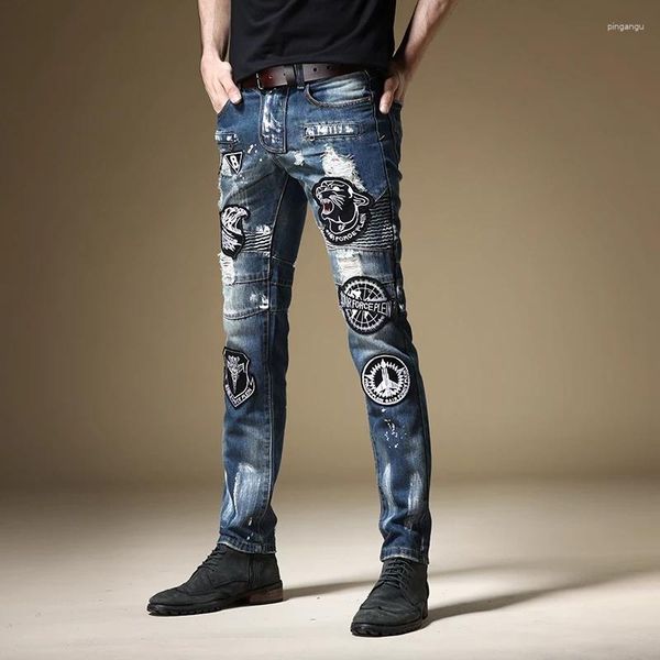 Jeans da uomo Distressed Strappato Fashion Designer Moto Moto Biker Denim Patch per fori da uomo Hip Hop elastico di alta qualità