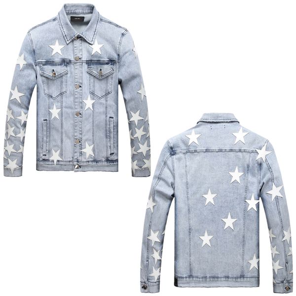 Giubbotti Uomo denim AM Denim IRI Ricami top new trend decoro frange sfilacciate maschili abbinate Giubbotto denim Pentagram blu ARI7702