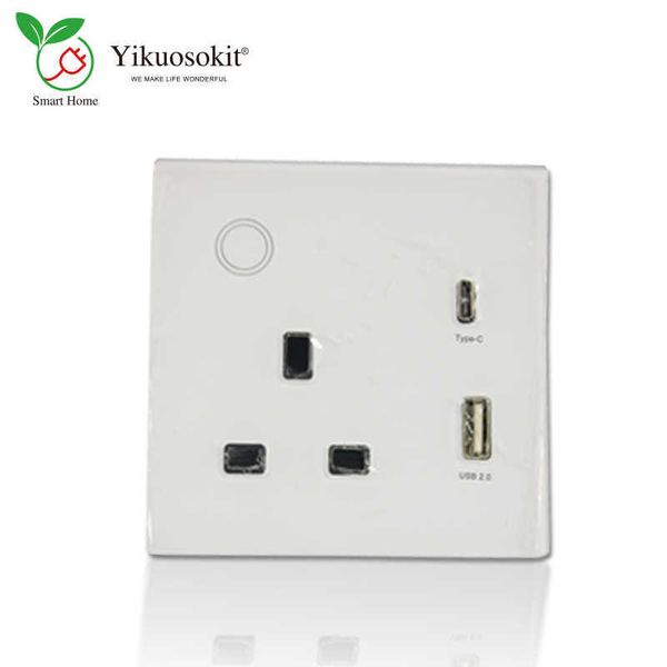 Akıllı Güç Fişleri 13a Modern Akıllı Anahtar Tapa Tek Satır Wifi İngiltere dokunmatik duvar soketi beyaz cam yüz kapak 2.1A USB (A+C) Port Telefon Tablet Şarj Cihazı HKD230727