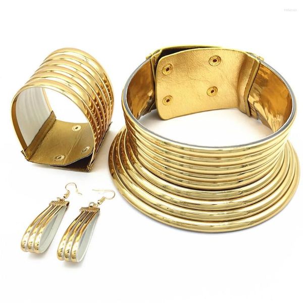 Collana Orecchini Set Liffly African Jewelry Women Regolabile Choker Bangle Collane in pelle vintage Bracciali Statement