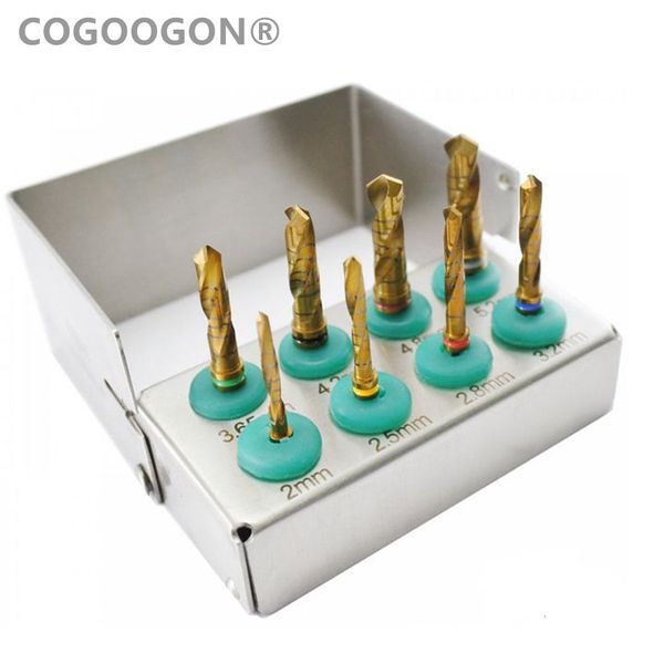 Kit de brocas para implantes dentários de higiene bucal com 8 peças, conjunto de ferramentas, irrigação externa, revestimento dourado, suporte de broca gratuito 230727