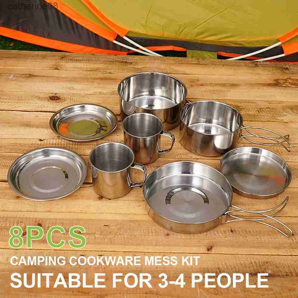 Conjunto de utensílios de cozinha para acampamento 8 peças panela e frigideira de aço inoxidável com pratos copos para acampamento ao ar livre caminhadas mochila