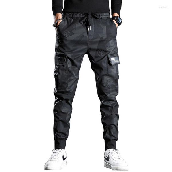 Calça Masculina Moda Masculina Streetwear Harém Corredores Masculinos Fitas Bolsos Laterais Camuflagem Calças Militares Casual Magro Cargo Para Homem