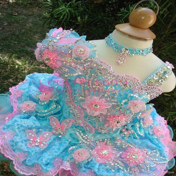 Gorgeous Baby Girls Glitz Beaded Pageant Cupcake Gowns Withe Flowers Infant Mini Short Skirts Toddler Girls Soft Lace Pageant Dres1996