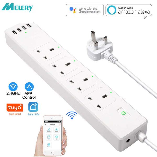 Plugues de energia inteligentes tuya wifi smart power surge protetor uk plug socket slokets de extensão de 6ft, controle remoto smartlife Alexa home hkd230727