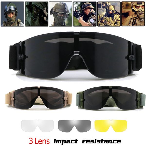 Óculos ao ar livre 3 lentes Conjunto de óculos táticos militares Forças especiais Óculos à prova de vento Motocicleta Cs Tiro Proteção segura Caminhadas À prova de areia 230726