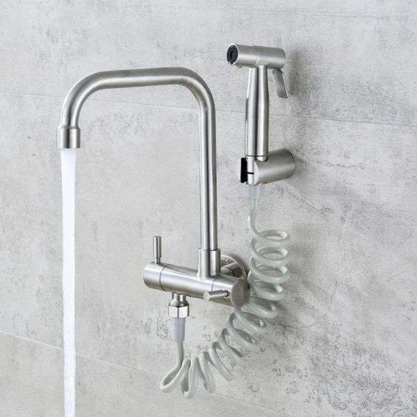 Küchenarmaturen Wandmontierter Wasserhahn Edelstahl Kaltwasserhahn Schnell offener Balkon Wäschepool mit Bidet-Sprayer