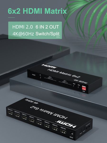 6x2 HDMI Matrix Switch 4K 60Hz HDMI Matrix 6 in 2 out Video Switcher Splitter mit optischem R/L Audio Extractor für PS4 Xbox PC DVD zu TV Dual Monitor