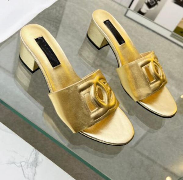 Luxus Lackleder klobige Sandalen Slipper Schuhe Damen vergoldet Carbon Pop Heels Sommer Lady Pumps Kleid Gladiator Sandalias Größe 35-42