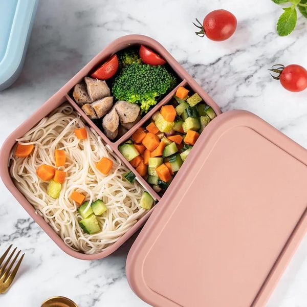 Silikon Öğle Yemeği Kutusu Bento Kutu Dışarıda Taşınabilir Depolama Konteyneri Çocuklar Öğle Yemeği Kutuları Mikrodalga Fırın Dikdörtgen Üç Hücre Konteyner Yemek Takımı Setleri G0727