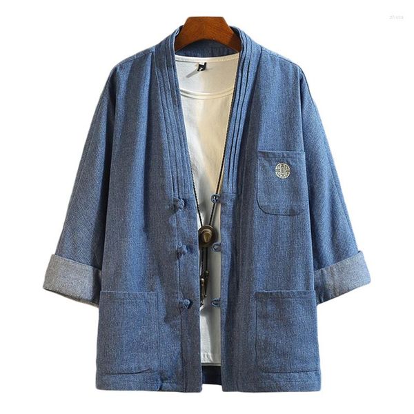 Herrenjacken Froschverschlüsse Männer Weiche Denim-Kimonojacke Stickerei Brusttasche Japan-Stil Dreiviertelärmel Jean Stehkragen