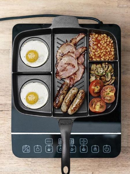 Pfannen Multifunktionale 5-in-1-Antihaft-Bratpfanne, rauchfreier geteilter Grill aus Aluminiumlegierung für All-in-One-Gekochtes Frühstücksbacken