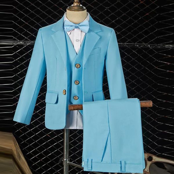 Suits Child Highend Sky Mavi Suit Set Set Boys Host Elbise Piyano Performans Düğün Kostüm Çocuk Blazer Ceket Yelek Pantolon Bowtie 4pcs 230726