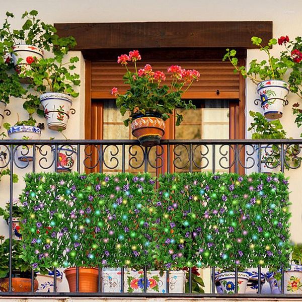Fiori decorativi Recinzione da giardino artificiale Schermo per la privacy del balcone espandibile con luci a LED Pannello di recinzione per bonsai verde realistico per