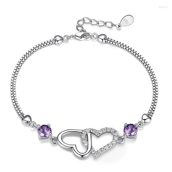 Link-Armbänder, modisch, niedlich, einfach, versilbert, Schmuck, Damen, natürlicher Amethyst, herzförmiges Armband, koreanische Artikel