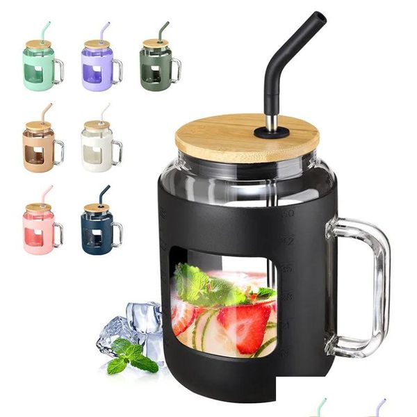 Bicchieri Bicchiere da 50 once Bicchiere in vetro con coperchio in bambù e bottiglie d'acqua St Maniglia Sile Sleeve Riutilizzabile Mug Cup Jy18 Drop Delivery Home Garden Ki Dh74F