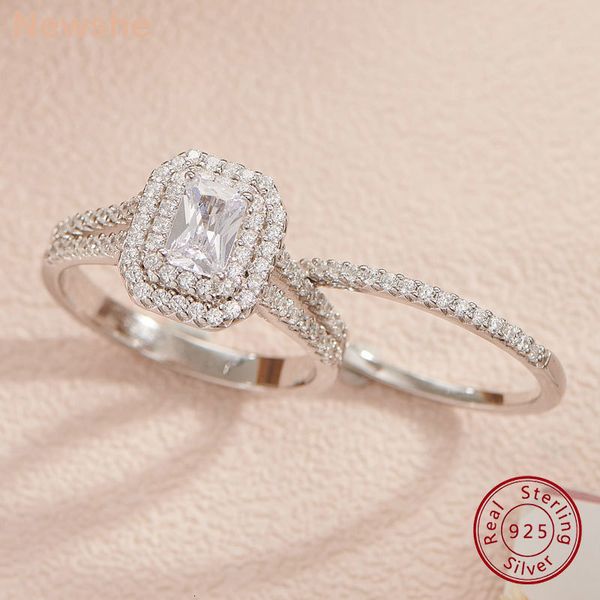 Alianças de Casamento She Solid 925 Joias de Prata Halo Duplo Corte Radiante Noivado Noivado para Mulheres Branco AAAAA Zircônia Cúbica 230726