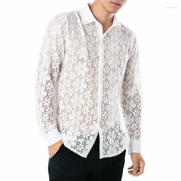 Camicie eleganti da uomo in pizzo trasparente scava fuori camicia da uomo a maniche lunghe con risvolto moda discoteca costumi di scena abbigliamento streetwear per uomo