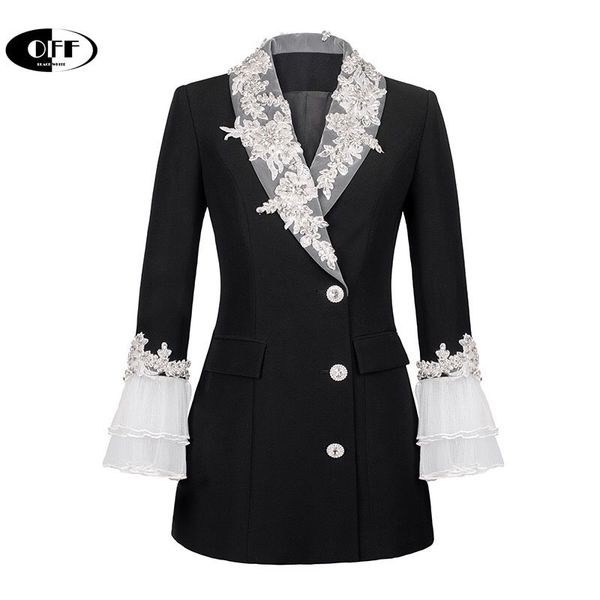 Ternos femininos blazers de alta qualidade outono inverno passarela jaqueta preta casaco elegante diamante babados patchwork manga flare feminino traf blazer casaco feminino 230727