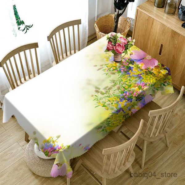 Toalha de Mesa Toalha de Mesa Redonda Europeia 3D Roxo Lavanda Flores Padrão Lavável Capa de Mesa Retangular Decoração de Casamento De Table R230727