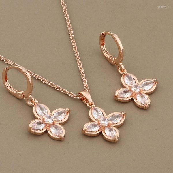 Collana Orecchini Set Elegante Lusso Set da donna 585 Color oro rosa Bellissimo fiore e pendente Gioielli con zirconi cubici Regali per