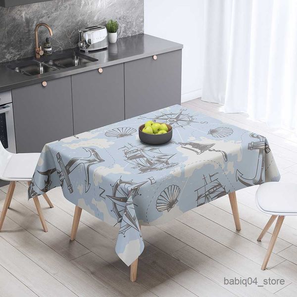 Toalha de Mesa Navegação País Toalha de Mesa Mapa Ocean Sailing Azul Retangular Âncora Concha Piquenique Plástico Impermeável De Mesa R230727