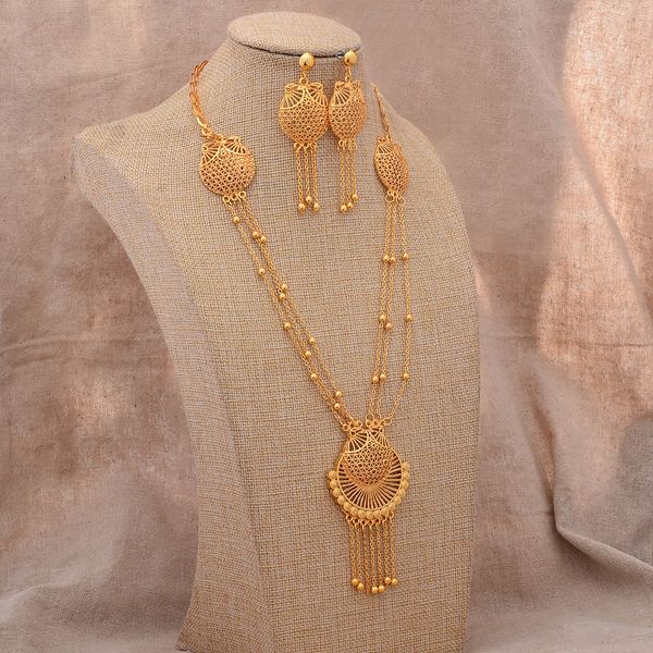 Conjuntos de joyas de boda 24K Dubai Color oro Conjuntos de joyas para mujeres Collar pendientes borla nupcial Boda africana ornamento esposa regalos Anillos 230727