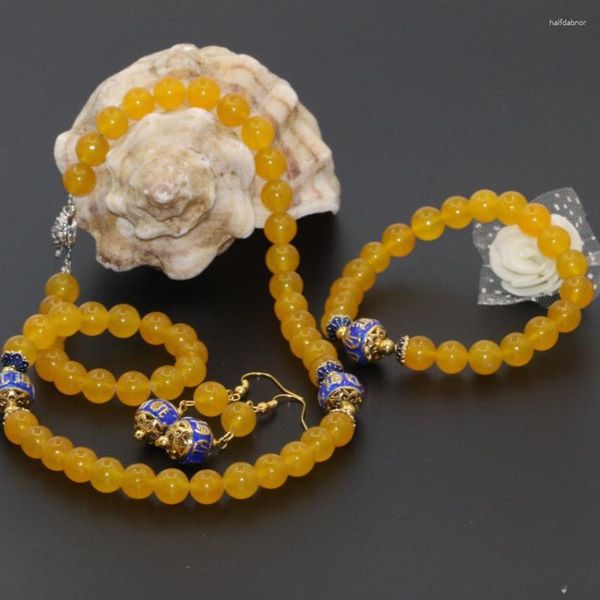 Set di orecchini per collana Set di perline rotonde gialle uniche Braccialetti da 8 mm per gioielli eleganti da donna per matrimoni