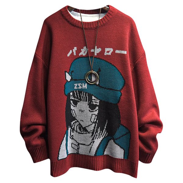 Suéter Masculino Harajuku Cartoon Girl Suéter Baggy Japonês Malhas Decote Redondo Solto Casual Outono Inverno Malha Pulôver 230726