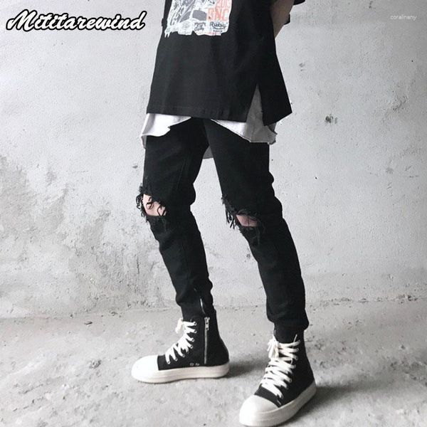 Jeans Masculino High Street Moda Coreana Buraco Rasgado Preto Slim Casual Calças Hip Hop Y2k Calças Unissex Versáteis Retrô Roupas Diárias