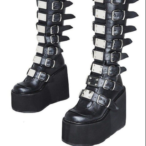 Botas Femininas Cosplay Botas Altas Inverno Tubo Longo Couro Knight Boot Punk Gótico Clássico Preto Sapatos de Salto Alto Joelho 230726