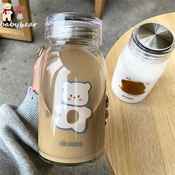 Garrafa de água de vidro de urso de desenho animado de 450 ml Garrafas de beber grossas com resistência ao calor Bonitos copos de café com leite para presente de aluna 211022962