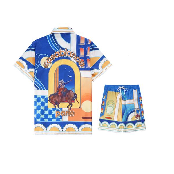 Fatos de treino masculinos Knight Fantasy Gate Print Paris Casablanca Mesh Shortpant Shirt Set Hawaii Beach Surf Suit For Men Women Holiday Seaside Clothes 230727