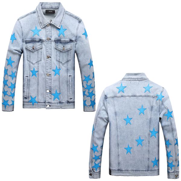 Herrenjacken Denim AM Denim IRI Stickerei Top neuer Trend Dekoration männlich ausgefranste Fransen passende blaue Pentagramm-Jeansjacke ARI7704