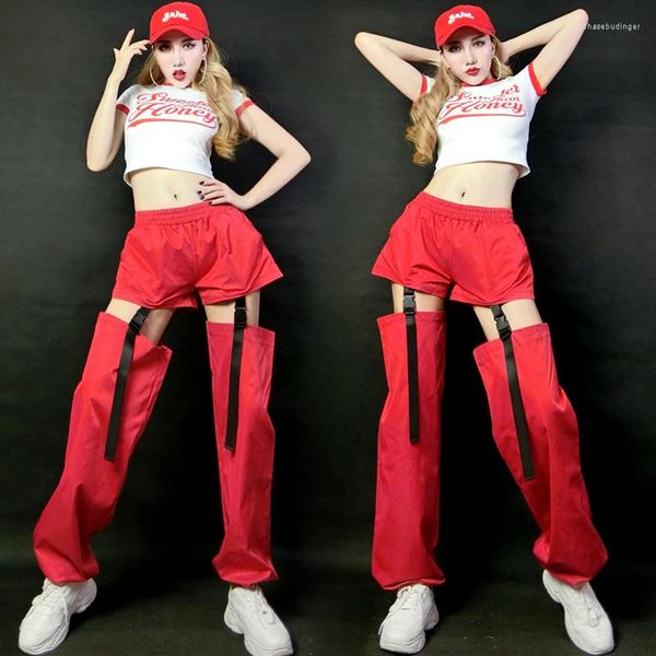 Vestuário de palco feminino jazz dança performance roupas hip hop rua camiseta branca calça vermelha fantasias de boate sl3924