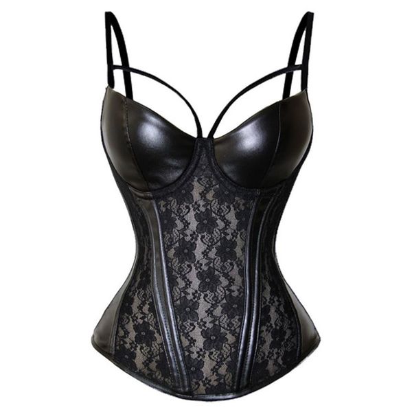 Bustiers Espartilhos Sexy Espartilho Steampunk Gótico Couro Preto Renda Lingerie Flor Marselha 6XL Excessive Costume302a