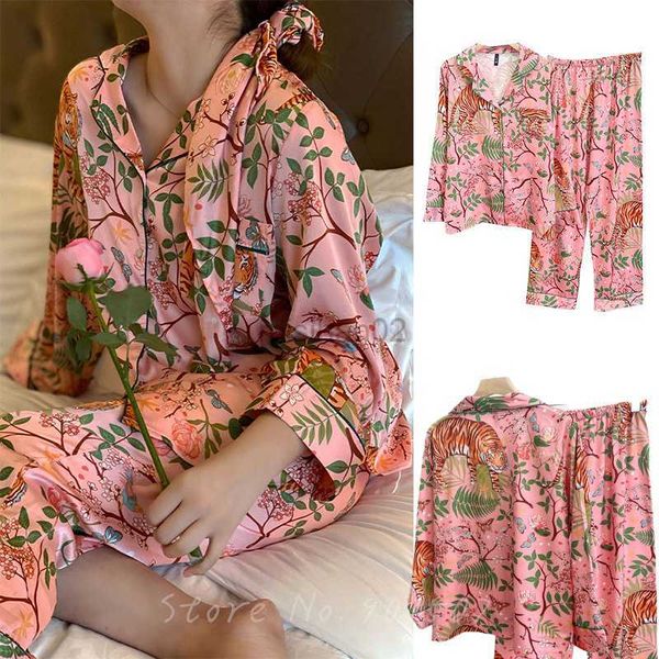 Женский сон лаунж розовый атласная одежда для женщин для женщин в пижаме джунгли тигр печати 2pcs Long Brint