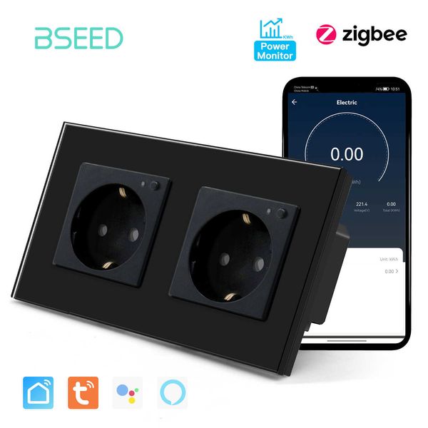 Akıllı Güç Fişleri Bseed Eu Tuya Zigbee Soketi Akıllı Duvar Soketi Güç Monitör Cam Panel Mavi Backlight 220V Alexa Asistan Ses Kontrolü HKD230727