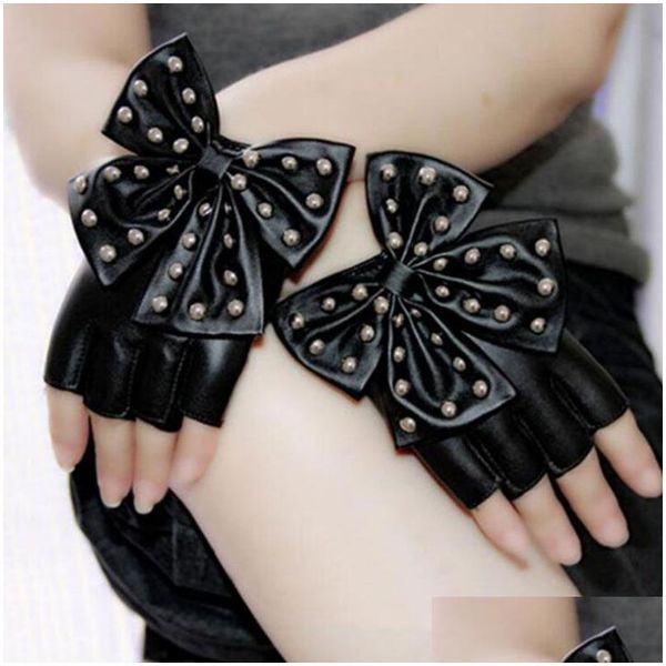 Kunst und Handwerk Mode Weibliche Halbfinger Punk Niet Tanzhandschuhe Frauen Sport Fitness Pu-leder Bogen Fäustlinge Luva Taktische Fingerlose Dh4Z9