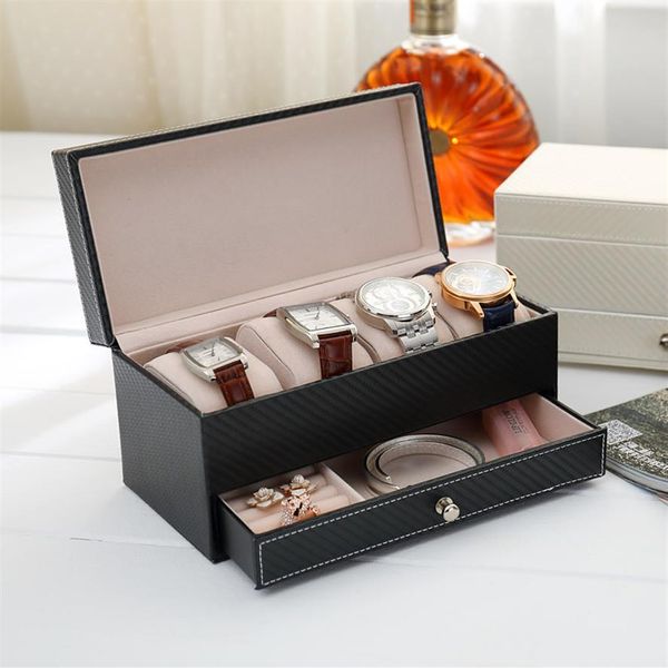 Organizador de relógio de joias de couro preto com 4 grades, costura contrastante, trava segura resistente para homens e mulheres, caixa de porta-joias 339r