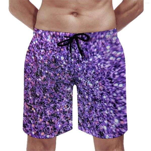 Shorts Masculino Lavanda Glitter Estampado Board Roxo Bling Praia Calça Elástica Cintura Grande