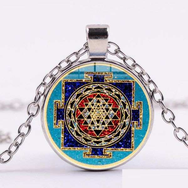 Collane con ciondolo Collana buddista Sri Yantra Geometria sacra Mandala Modello Vetro Chakra a catena lunga Gioielli per meditazione spirituale Dr Dhab1