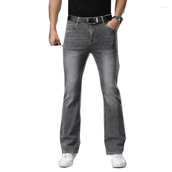 Jeans masculino verão 2023 fino cinza médio cintura alta micro flare qualidade moda moda