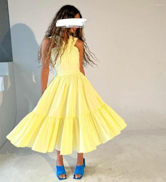 Vestidos de Festa Amarelo Curto Regresso a Casa 2023 Sem Mangas com Zíper nas Costas Formatura Vestido Coquetel Comprimento Linha A Vestidos de Baile