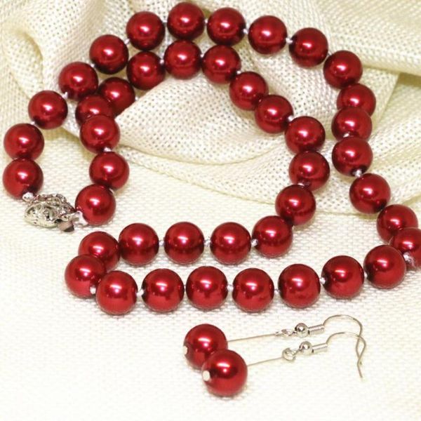 Collana Orecchini Set Moda 10mm Charms Rosso Scuro Imitazione Perla Shell Perline Tonde Per Le Donne Sposa Gioielli 18 pollici B2343